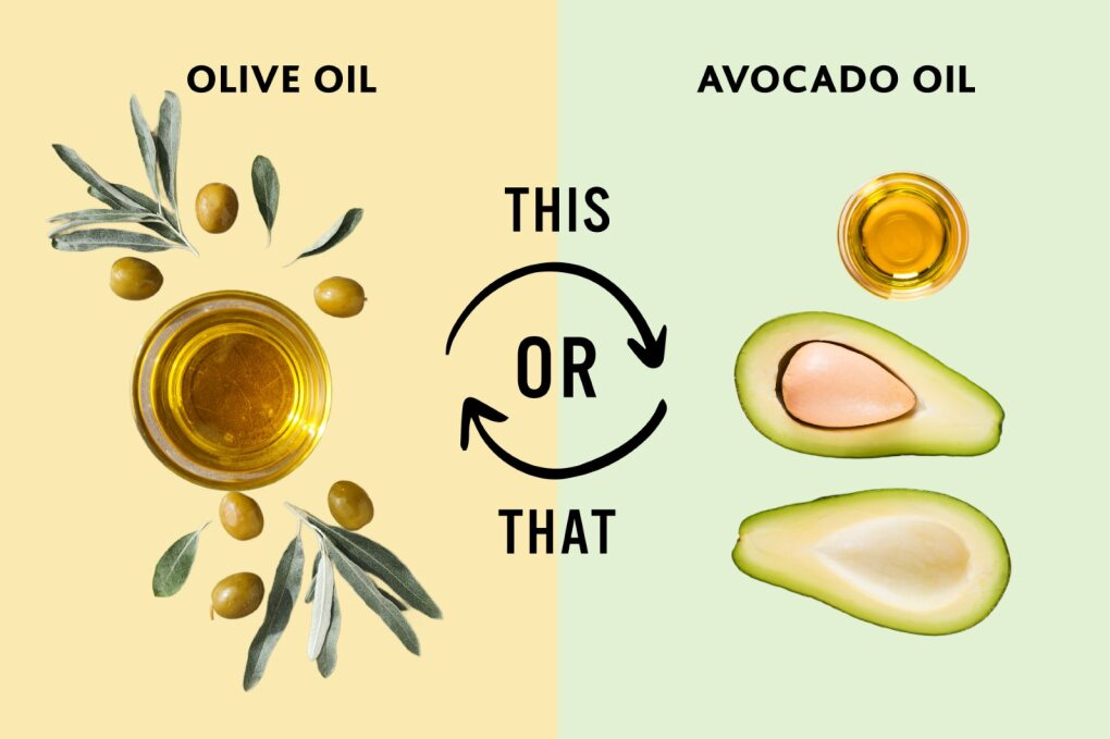 This or that comparison graphic: olive oil with olives and olive branches on the left versus avocado oil with fresh avocado halves on the right