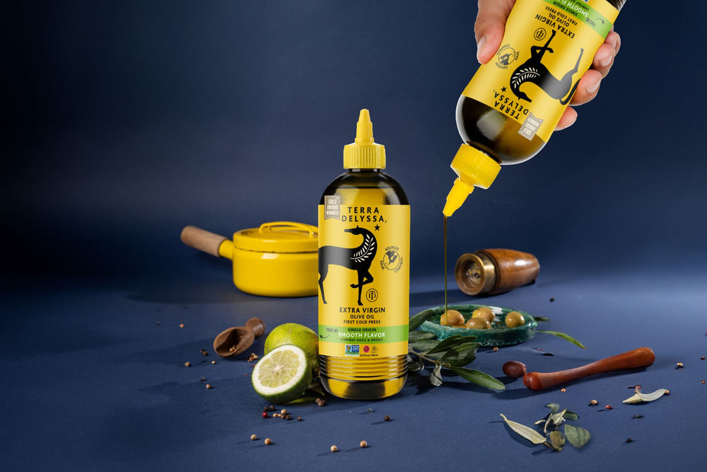 Terra Delyssa Award-winning extra virgin olive oil in a new squeeze bottle