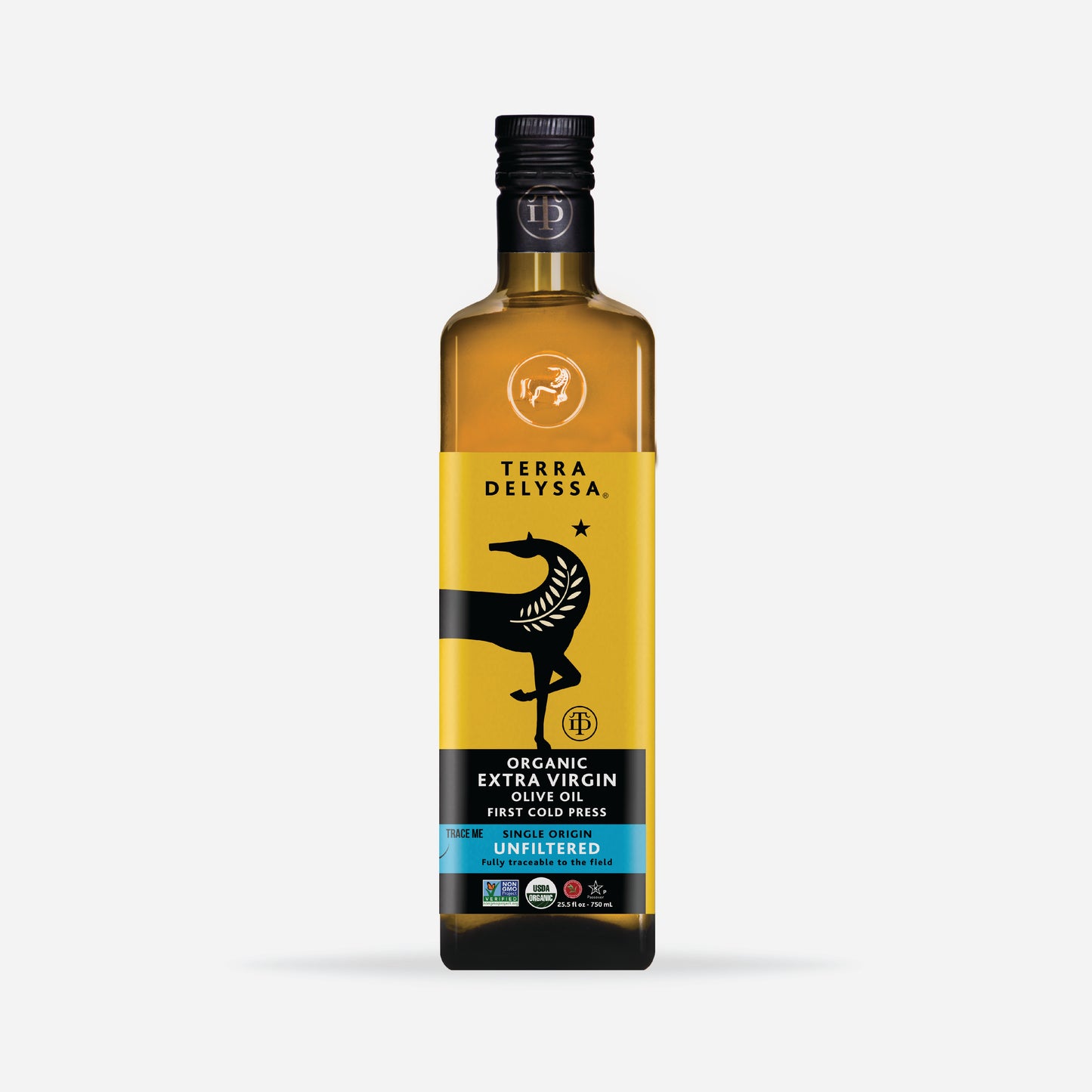 Bottle of Terra Delyssa Unfiltered organic extra virgin olive oil on a white background