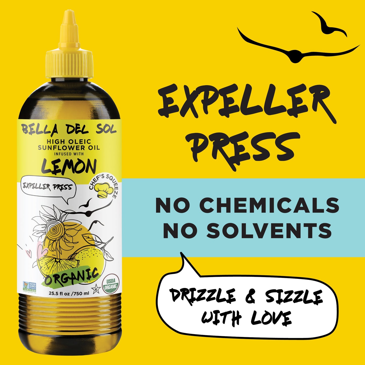 Bella Del Sol organic lemon-infused high oleic sunflower oil – expeller pressed, no chemicals, no solvents – huile de tournesol biologique au citron pressée par expulseur sans solvants ni produits chimiques