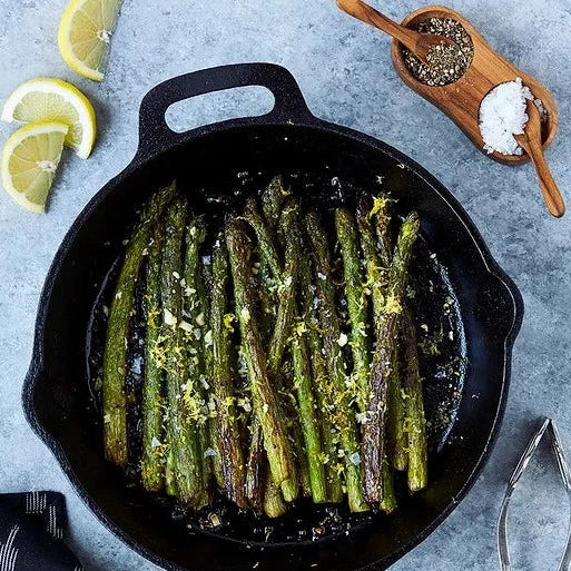 Cast Iron Charred Lemon Garlic Asparagus